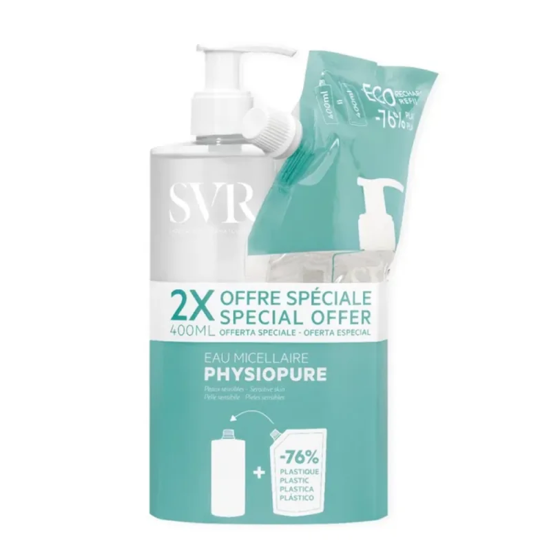 SVR Physiopure Hysiopure - Eau Micellaire Nettoyante Démaquillante 400ml + Eco Recharge 400ml