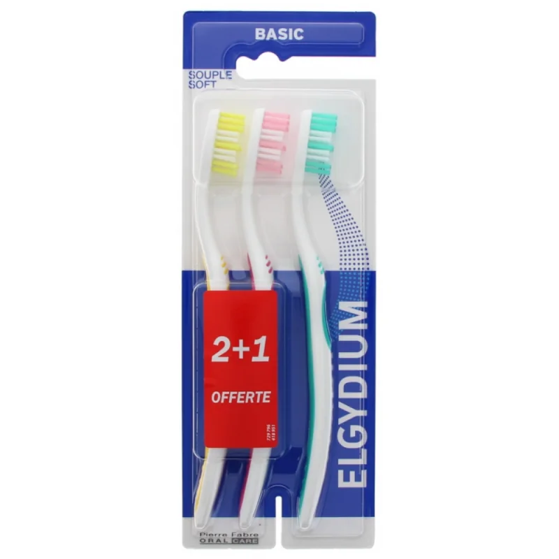 Elgydium Basic Brosse à Dents Souple Lot de 2 + 1 Offerte