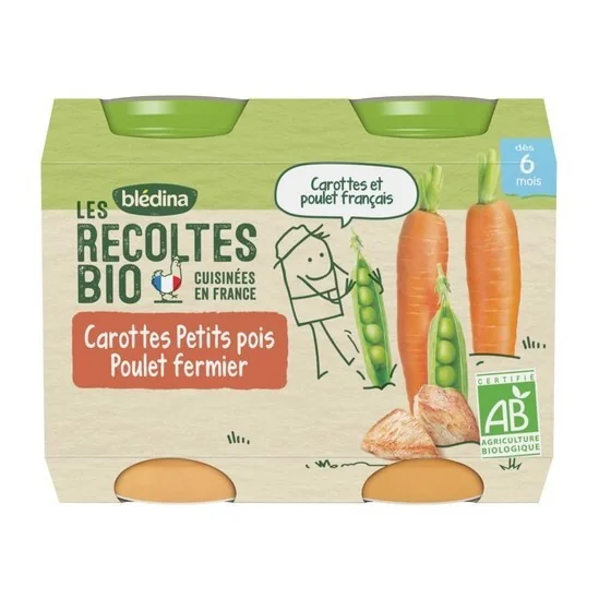 Blédina les récoltes bio pots carottes petits pois poulet 2x200g