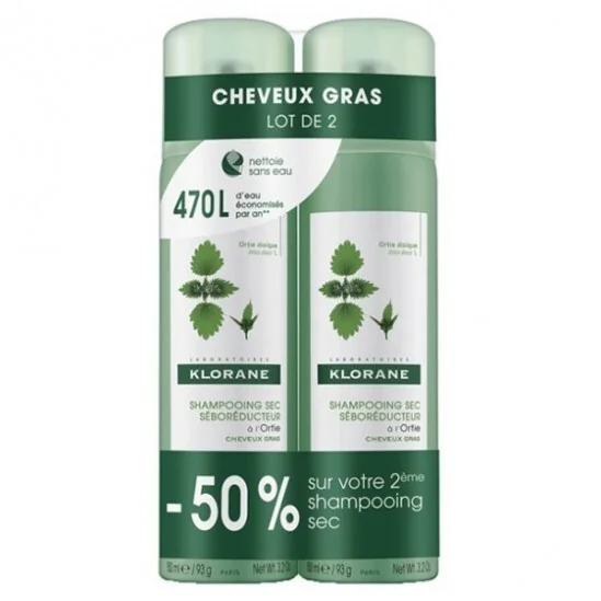 Klorane shampooing sec séboréducteur à l'ortie lot de 2 300ml