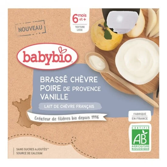 Babybio brassé chèvre poire vanille dès 6 mois 4 gourdes x 85g