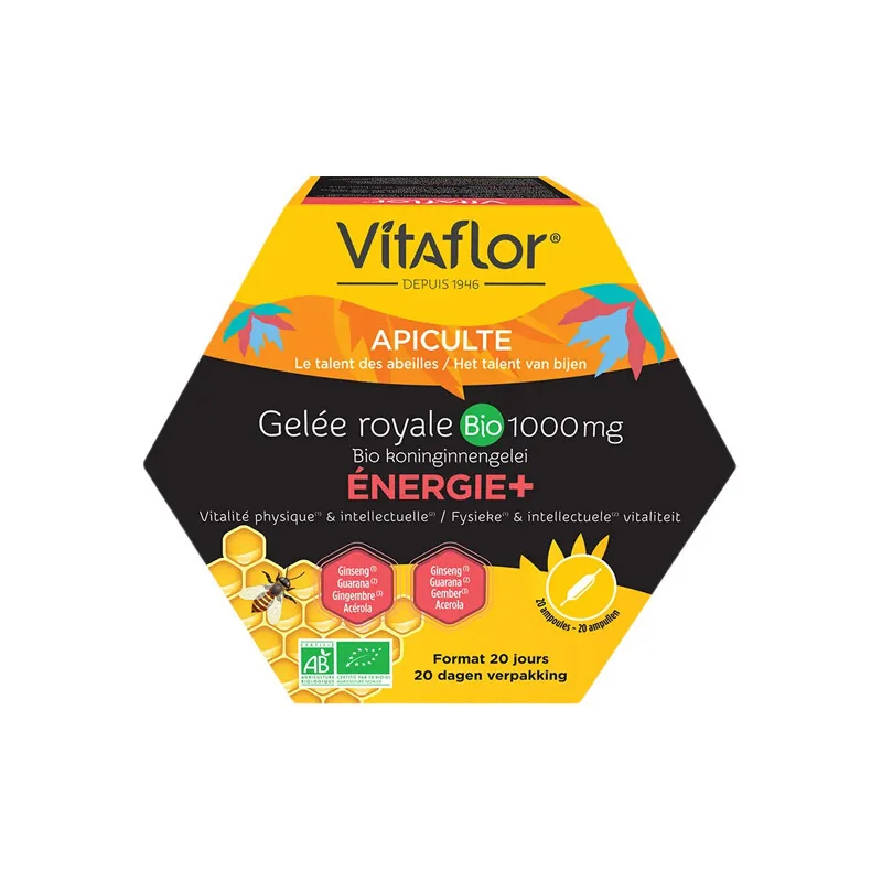 Vitaflor gelée royale bio 1000 mg énergie+ 20 ampoules