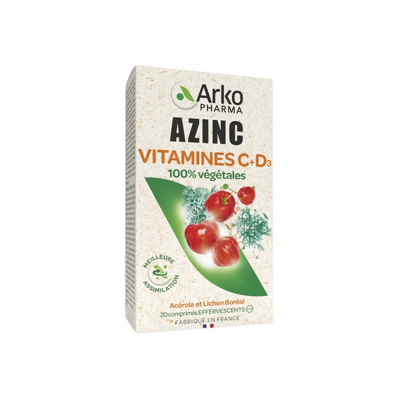 Azinc végétal vitamines C+ D effervescent 20 comprimés