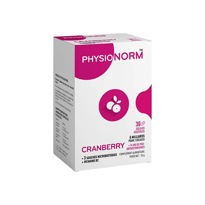 Physionorm Cranberry + ferment lactique + Vitamine B12 - 30 gélules
