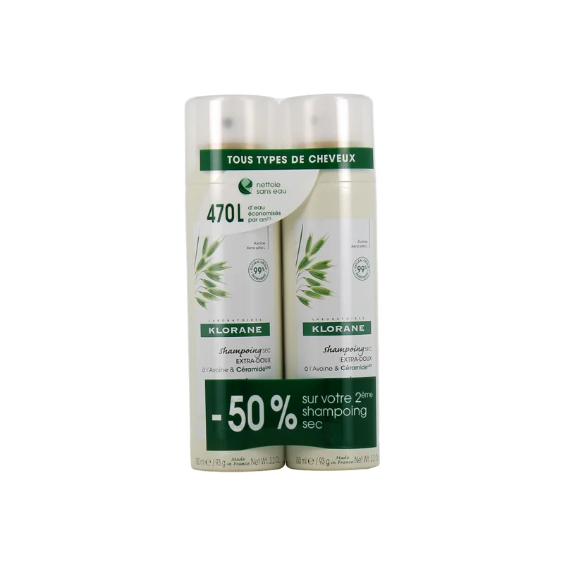 Klorane shampoing sec extra-doux à l'Avoine et Céramide lot de 2x150ml