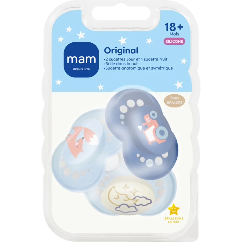 MAM Original Silicone 18 Mois+ – Sucettes Jour & Nuit Anatomiques x3