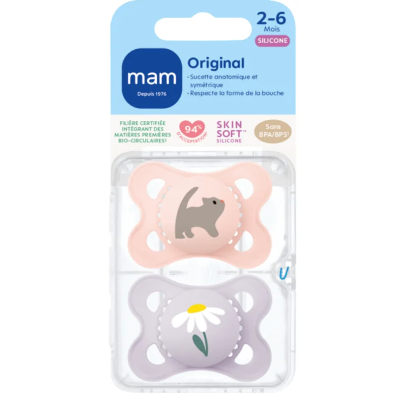 MAM Sucette Original 2-6 Mois – Silicone – Anatomique & Symétrique x2 - Coloris aléatoires