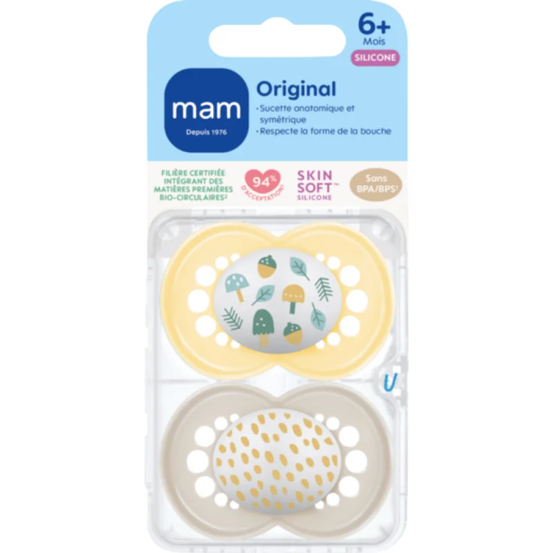 MAM Original 6+ mois – Sucettes Anatomiques en Silicone x2 - Motifs Aléatoires