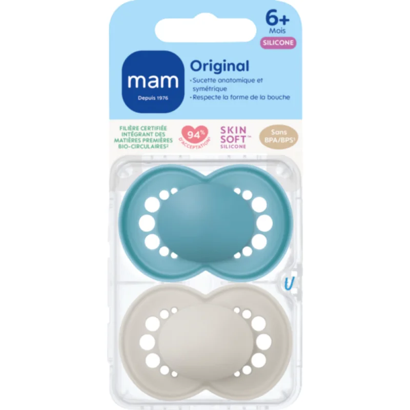 MAM Original Sucettes Silicone 6+Mois – Anatomique et Symétrique x2 - Coloris aléatoires