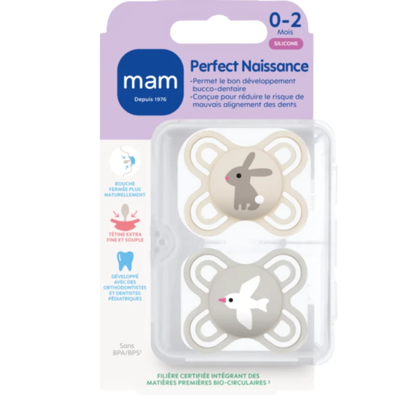MAM Perfect Naissance 0–2 Mois – Sucettes Silicone Développement Buccal x2 - Motifs aléatoires