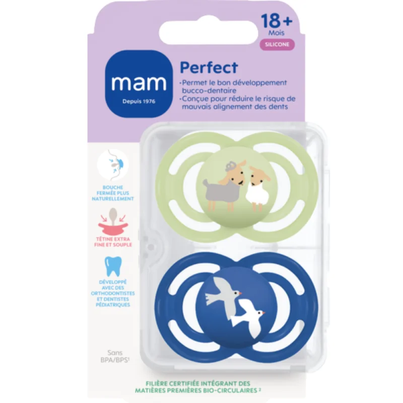 MAM Perfect 18+ mois – Sucettes orthodontiques en Silicone x2 - Motifs Aléatoires