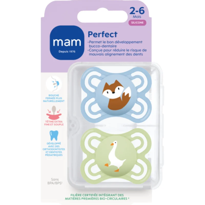 MAM Perfect 2–6 Mois – Sucettes Silicone Développement Buccal x2 - Motifs aléatoires