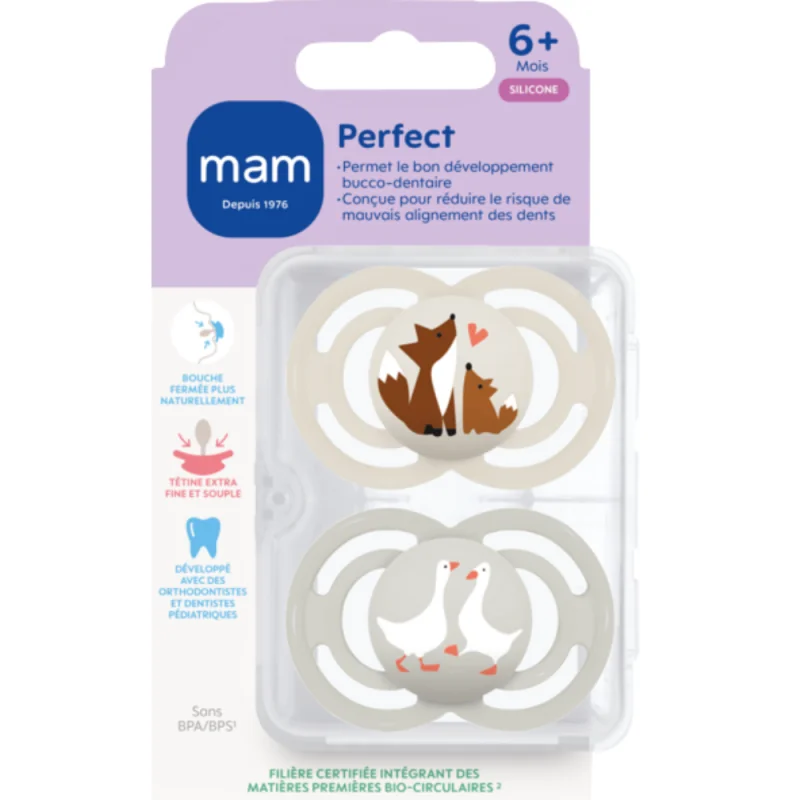 MAM Sucette Perfect 6 Mois+ – Silicone – Ultra Fine & Orthodontique x2 - Motifs aléatoires