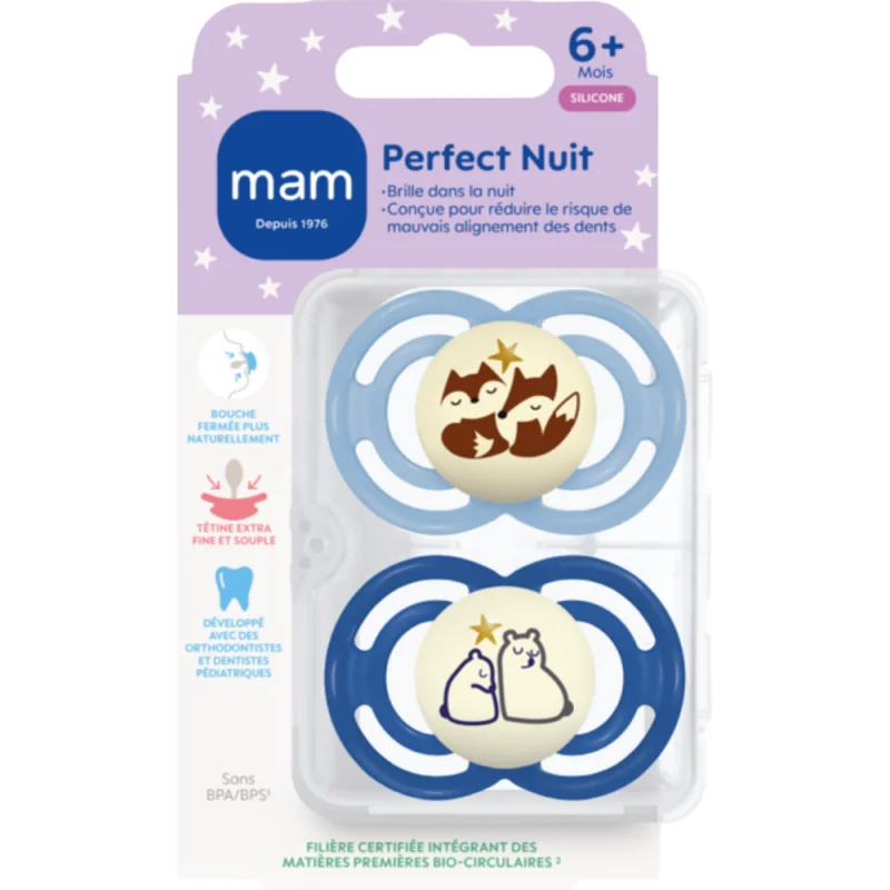 MAM Perfect Nuit Silicone 6 Mois+ – Sucette Physiologique x2 - Coloris Aléatoires