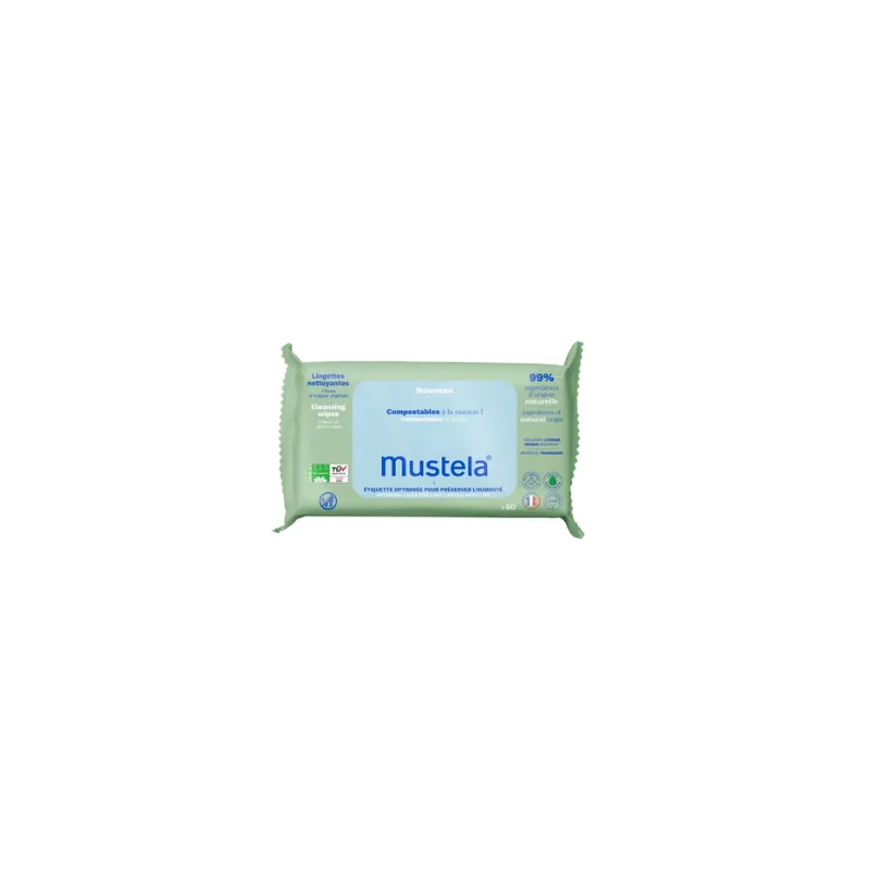 MUSTELA BEBE - Lingettes Nettoyantes Parfumées Compostables, 60 Lingettes