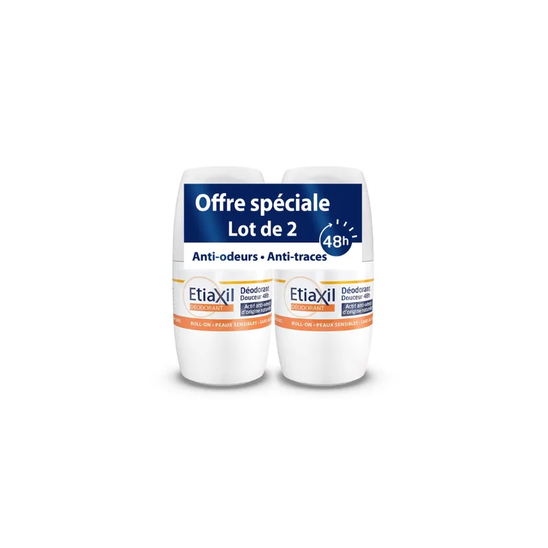 Etiaxil Déodorant Roll-on Douceur Sans Aluminium 48h Peaux Sensibles 2x50ml