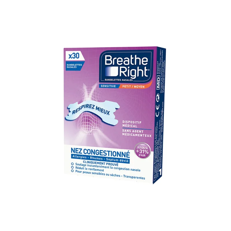 Breathe Right Bandelettes Nasales Transparentes Sensitive Taille Moyenne x30