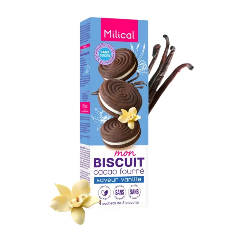 Milical Biscuits Cacao Fourrés - Saveur Vanille - 4 sachets de 2 biscuits