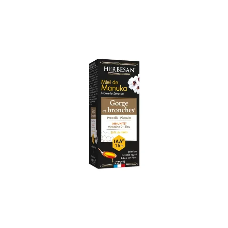 Herbesan Miel de Manuka Solution Buvable Gorges et Bronches IAA 15+ 100 ml