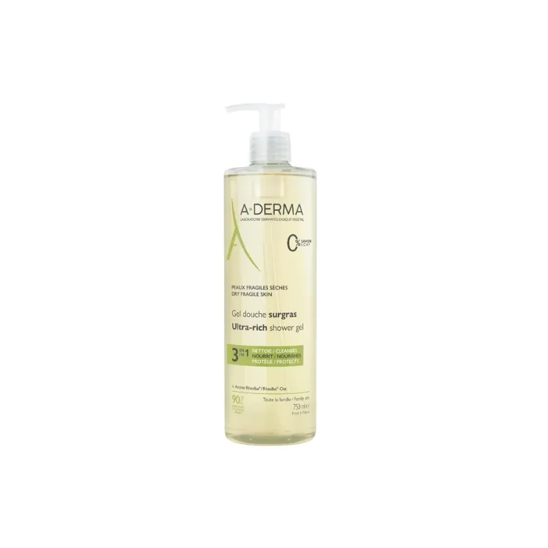 A-derma LES INDISPENSABLES - Gel Douche Surgras 3 en 1 - Visage et Corps - Peaux Fragiles Sèches, 750ml