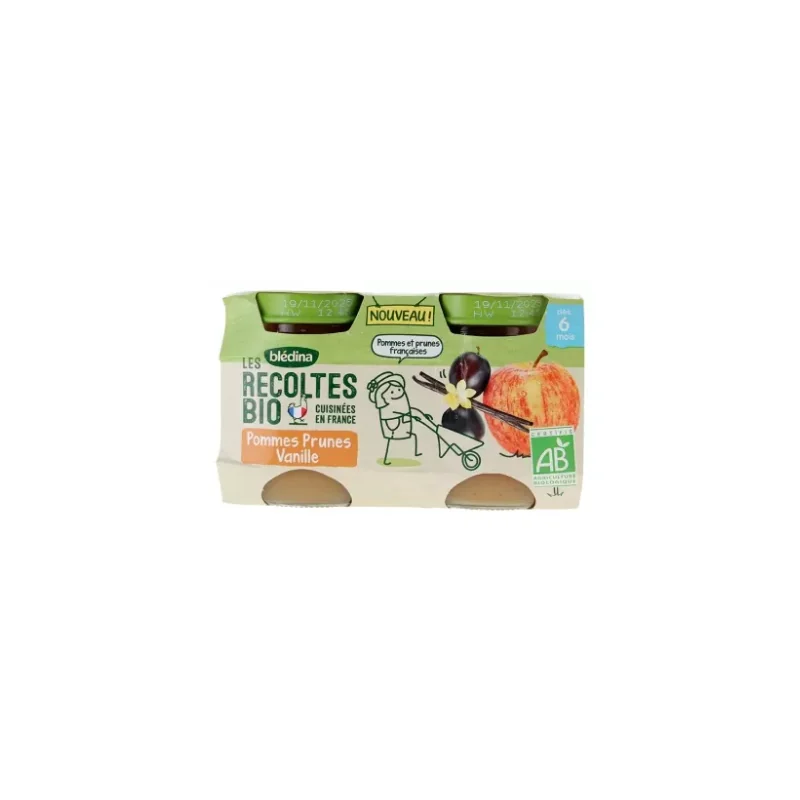 Blédina Les Récoltes Bio Pommes Prunes Vanille dès 6 Mois Bio 2 Pots