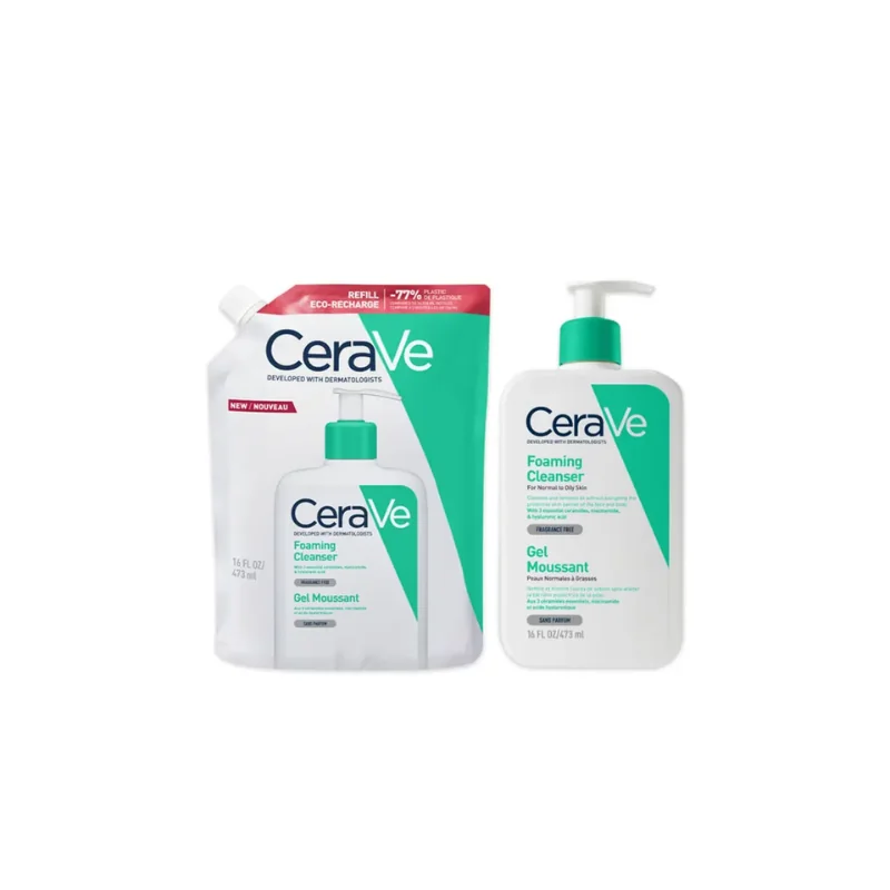 Cerave Cleanser Visage Gel Moussant + Eco Recharge Peaux Normales A Grasses 2x473ml