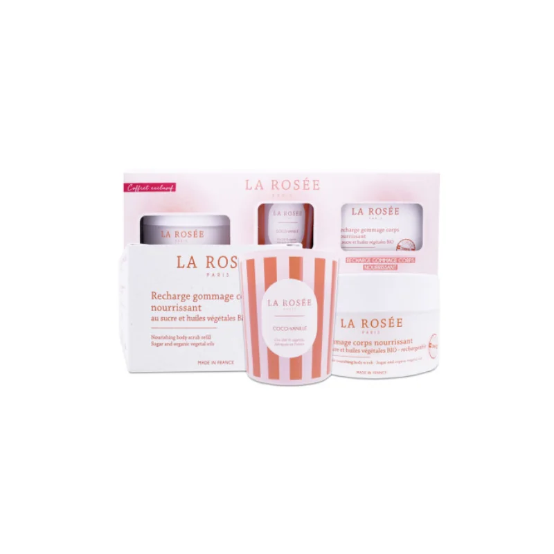 La rosée coffret gommage corps + recharge + bougie
