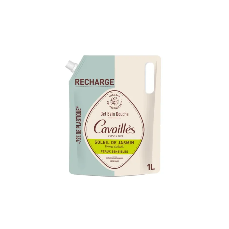 Cavaillès QUOTIDIEN - Eco-Recharge Gel Bain Douche Soleil de Jasmin - Peaux Sensibles, 1L