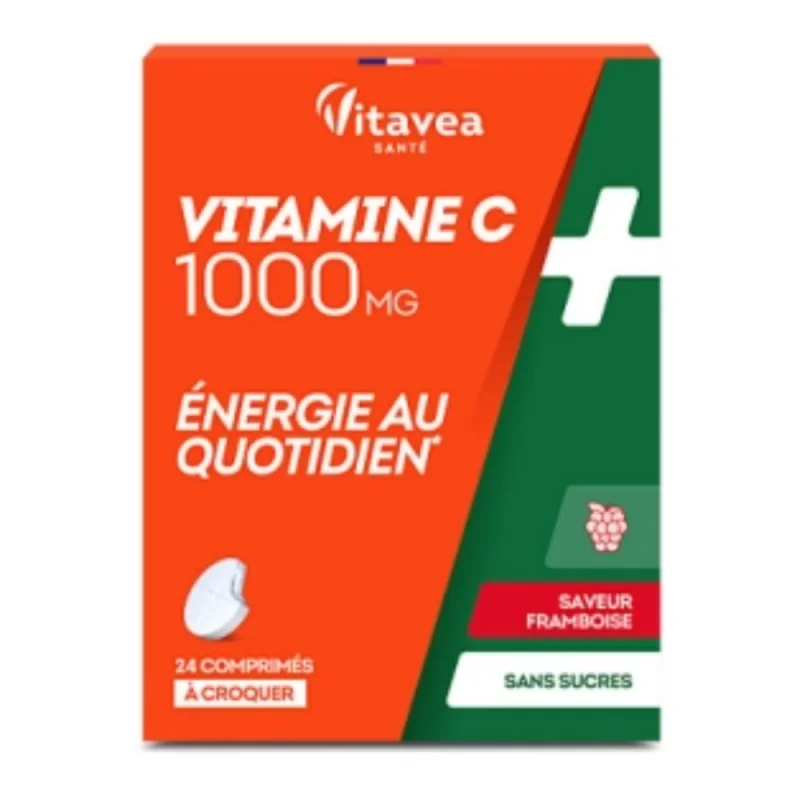 Viatvea Vitamine C 1000mg Energie au Quotidien Saveur Framboise - 24 comprimés à croquer