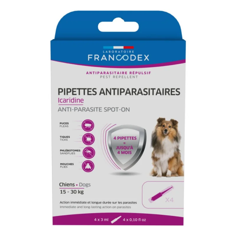 Francodex 4 Pipettes de 3ml Antiparasitaires Icaridine pour chiens de 15 à 30kg