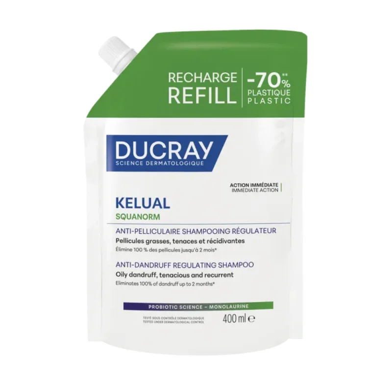 Ducray KELUAL SQUANORM - Éco-Recharge Shampooing Traitant Régulateur Anti-Pelliculaire - Pellicules Grasses, 400ml
