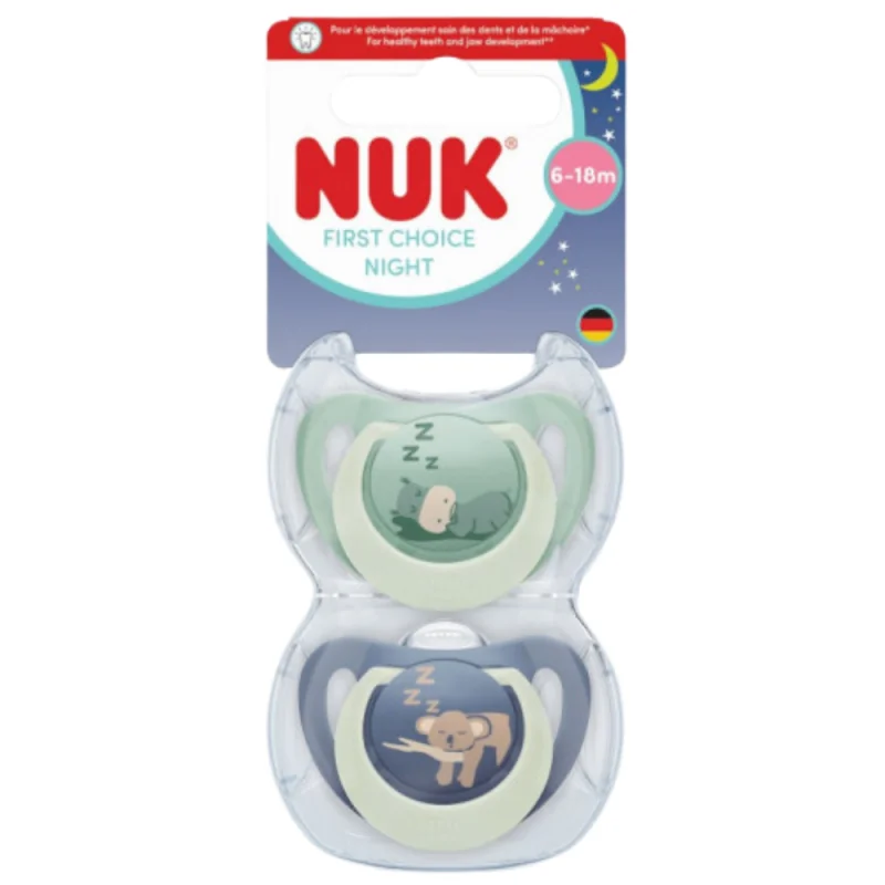 NUK First Choice Nuit – Lot de 2 sucettes physiologiques 6-18 mois, Hippo / Koala
